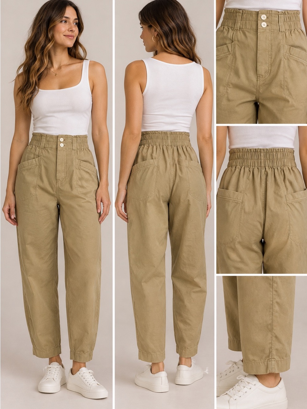 Free people ready to run cinch waist pants beige paperbag high rise size Medium